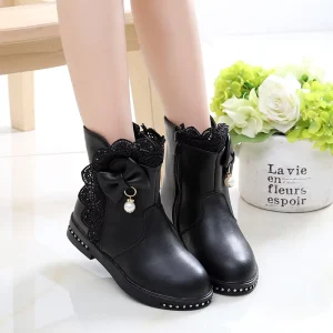 Children’s Boots Autumn Winter New Korean Style Little Girls’ Shoes Fleece Lined Baby Princess Leather Short Boots