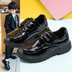 Children’s Boys’ Ankle Velcro Closure Leather Shoes Spring Autumn New British Style Black Soft Sole Students’ Performance