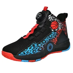 Children’s Boys’ Basketball Shoes High Top Button Sneakers Stretch Fabric Mesh Upper TPR Midsole Sport Shoes Winter Autumn