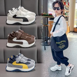 Children’s Boys Running Shoes Spring New Korean Style Leather Breathable Velcro Closure Soft Sole Stripes Ankle for