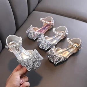 Children’s Butterfly Sequins Dance Performance Shoes with Pearl Bow Princess Style