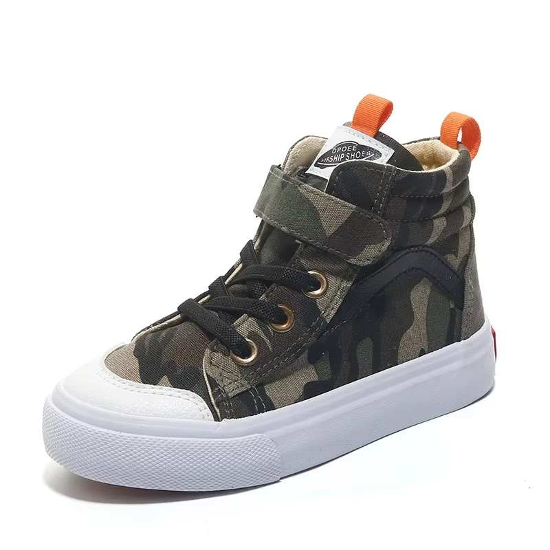 Children’s Canvas Shoes High Top Spring and Autumn Camouflage Student Cloth Shoes Boys’ Sneakers Girls’ Board Shoes