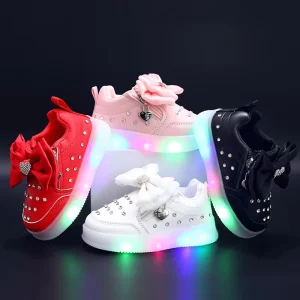 Children’s Casual Sneakers Rhinestone Side Zipper Design Soft Soled LED Light Skateboard Shoes for Girls