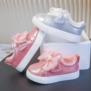 Children’s Causal Shoes Girls Princess Low-Top Sneakers Bows Breathable Non-Slip Velcro Closure Soft-Soled Sports Footwear
