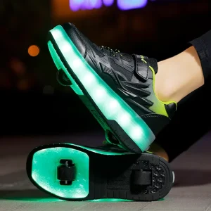 Children’s Comfortable Sports Active Four Wheeled Synthetic Walking Shoes Deformed Roller Skates Girls Students’ Sparkling Ice