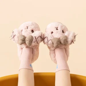 Children’s Coral Fleece Girls Winter Big Kids Closed Heel Cartoon Cute Bow Home Indoor EVA Outsole Shoes Toddlers