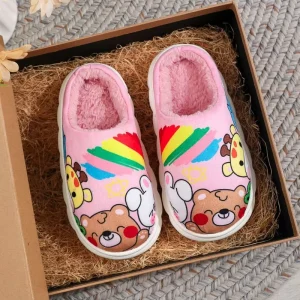 Children’s Cotton Slippers Winter PU Waterproof Girls’ Indoor Waterproof and Warm Plush Cute Cartoon Design