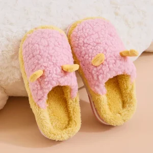 Children’s Cute Winter Indoor Warm Cotton Plush Flip Flops PU Midsole Cartoon Deer Antler Anti Slip Wear Resistant Slippers