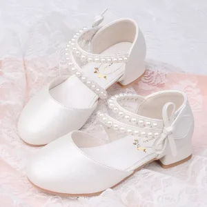 Children’s Dress Shoes Pearls Loop Bow White Flower Girls Princess Shoes Birthday Party Performance Kids Shoes