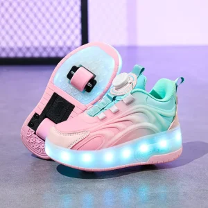 Children’s Fashion Outdoor Roller Skate Shoes with Lights and Wheels Leather Upper EVA Midsole TPR Outsole Mesh Lining