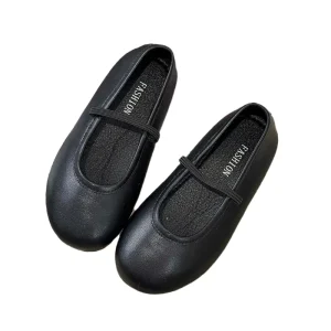 Children’s Flat Ballet Shoes Girls Small Leather Mary Jane Loafers with Round Toe Black Silver Shallow Cut Design