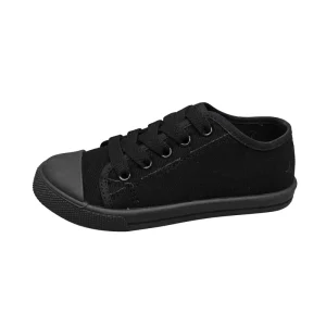 Children’s Flat PVC Black Canvas School Shoes Trendy Lace Up Sport Style for Casual Walking in Spring Winter Summer Autumn