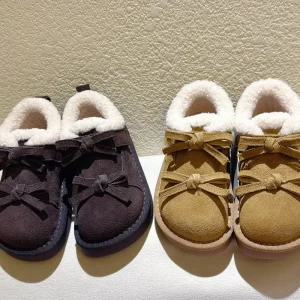 Children’s Fur Leather Snow Boots Girls’ Double Bow Cute