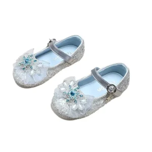 Children’s Girls Bowknot Crystal Velcro Square Mouth Small Leather Shoes Kid Toddler Princess Student Performance Flat Shoes