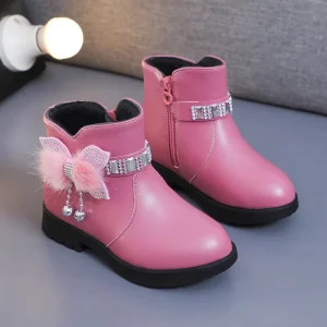 Children’s Girls’ Mid-calf Warm Leather Shoes Baby Bow Cute Cotton Fleece Winter New Style Children Boots