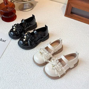 Children’s Girls’ Shoes Spring and Autumn New Style Pearl Bow Single Shoes Children’s Shoes