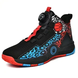 Children’s High Top Button Basketball Sneakers Stretch Fabric Mesh Mid Top Sport Boots for Boys for Summer Spring Seasons