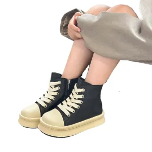 Children’s High-Top PU Leather Ankle Boots Toddler Kids Sneakers Boys Girls Trainers Casual Lace-up Zip Flat Black Sport Shoes