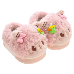 Children’s Indoor Winter Slippers Cute Cartoon Design Warm Cozy Cotton Elastic Band Closed Toe Anti-Slip Feature for Boys