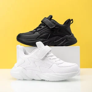 Children’s Kids Breathable Casual Sneakers Black White Pu Leather Sports Shoes for Boys Girls School Running Tennis Four Seasons
