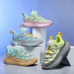 Children’s Leather Sports Shoes Spring Autumn Boys Casual Rotary Button Running Shoes Soft Bottom Sneakers