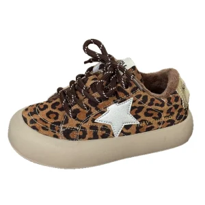 Children’s Leopard Print Fleece Lined Ankle Warm Casual Rubber Outsole Autumn Winter New Boys Girls Five Pointed Sneakers