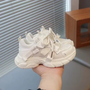 Children’s Mesh Sneakers Spring Girls’ Casual Clunky Shoes Breathable Rubber Outsole EVA Midsole Cotton Lining