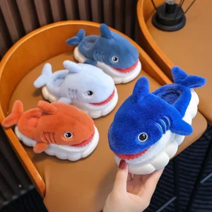 Children’s Non-slip Soft Sole Slides Kids Girls Baby Boys Winter Warm Plush Home Shoes Cute Cartoon Shark Cotton Slippers