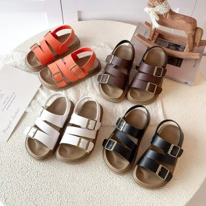 Children’s Open Toe Sandals Summer New Boys and Girls Soft Bottom Velcro TPR Outsole Solid Color Beach Shoes