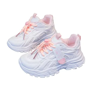 Children’s Outdoor Breathable Chunky Sneakers Kids Shoes Mesh Sport Drawstring Design Rubber Letter Graphic Fabric for Girls