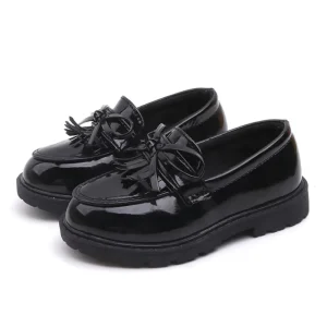 Children’s PU Leather Shoes Student Performance Shoes Back to School Shoes Dark Color Short Boots Bow