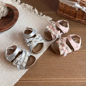 Children’s Pearl Princess Sandals Soft Bottom Non-Slip Lightweight Breathable Flat PU Upper Little Girl Fashion