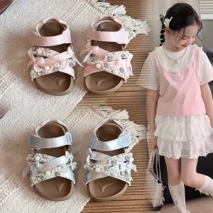 Children’s Pearl Princess Sandals Summer Soft Bottom Non-Slip Lightweight Breathable Flat Shoes