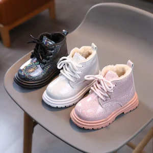 Children’s Plush Shoes Fashion Girls PU Leather Martin Boots Outdoor Shoes Non-slip Kids Snow Boots