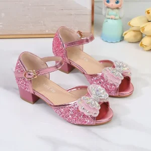 Children’s Princess Crystal Dance Shoes Silver Leather High Heels