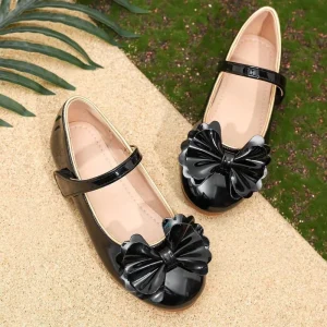 Children’s Princess Dress Shoes Genuine Leather Soft Bottom Bow Hook Loop Fastener Black White for Girl Shoes