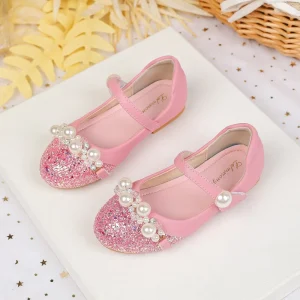 Children’s Princess Hoof Heels Hook Loop Closure Polka Dot Bead Decoration Breathable Microfiber Anti Slip Rubber Outsole