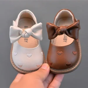 Children’s Princess Korean Toddler Shoes Spring Autumn Bow Heart-Shaped Hook Velcro Soft Rubber Outsole 1-2 Year Old Girls