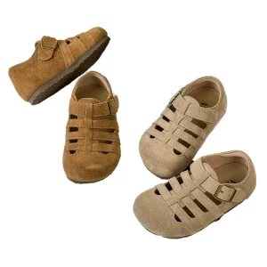 Children’s Retro Summer Outdoor Sandals Boy Girl Flats with Genuine Suede Leather Hollow Weaving Buckle for Kids Toddlers