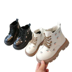 Children’s Shoes Girls Boots Short Leather British Fashion Kids Casual Embroidery Anti Slip Short Boots