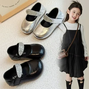 Children’s Shoes Girls Rhinestone Princess Leather Shoes Kids Square Toe Dance Shoes