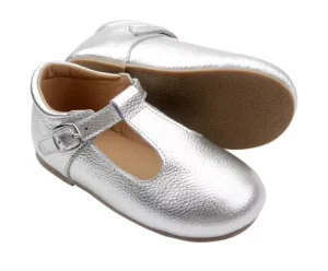 Children’s Silver Leather Mary Jane T Bars Shoes Baby Toddler Hard Sole