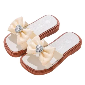 Children’s Slippers Summer Kid Girls Outdoor Slippers With Bow PVC Non Slip Open Toe Flat Sole Slippers Girls Beach Shoes