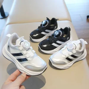 Children’s Sneakers Spring Autumn Unisex White Rotating Buttons Running Shoes Soft Sole Baby Casual Mesh Breathable