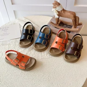 Children’s Solid Color Sandals Summer New Girls Retro Metal Buckle Ankle Velcro Closure Beach Shoes Little Girl