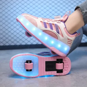 Children’s Sport Shoes Hellow Skates for Girls with Retractable Four Wheels Invisible Two Wheel Skates for Boys