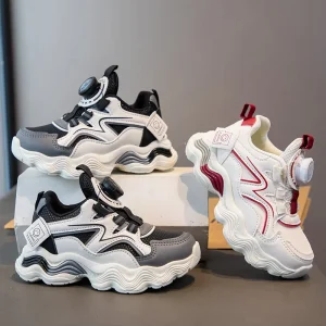 Children’s Sports Shoes Spring Autumn Breathable Lightweight PU Upper Solid Color Stitching Shoes Girls Boys Soft Sole