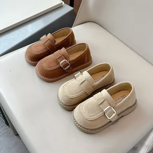 Children’s Spring Autumn Soft Bottom Leather Shoes Girls Fashion Pumps with Button Closure for Students and Leisure