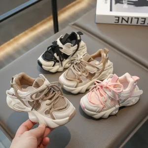 Children’s Spring Lace-Up Sneakers Mesh Breathable Lightweight Anti-Slip Baby Toddler Running Shoes Boys Girls Clunky