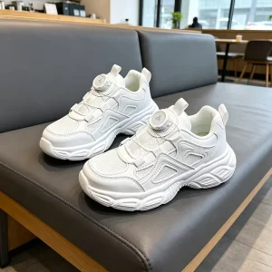 Children’s Spring Sports Shoes White Breathable Rotating Buckle Mesh Surface Soft Sole Girls’ Shoes Movement Trend